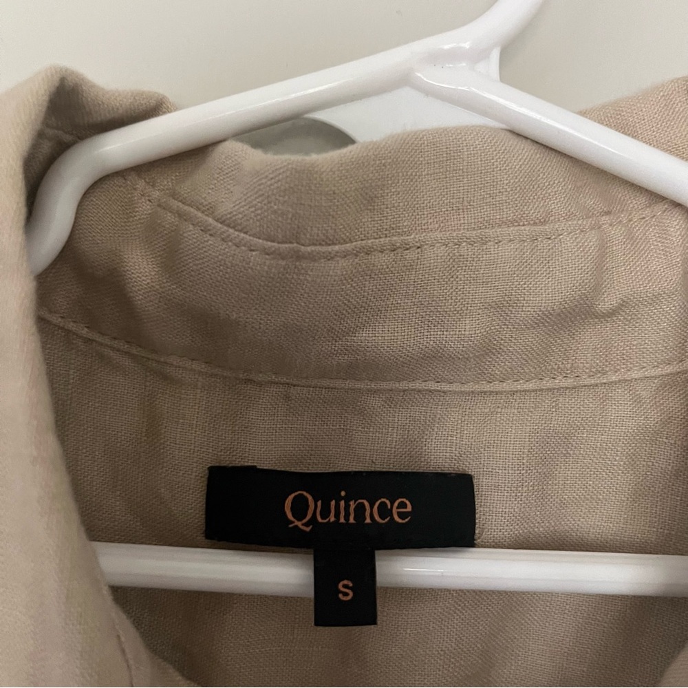 Quince 100% European linen long sleeve button front career beach khaki shirt S - Picture 2 of 8